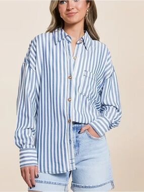 blue and white striped button down